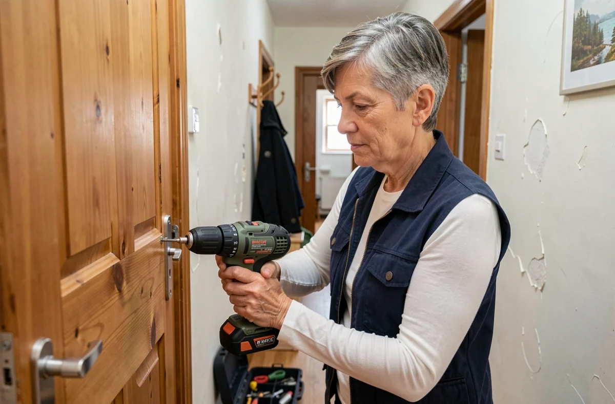 Femme mature utilisant une perceuse sans fil pour fixer une charnière de porte dans un couloir résidentiel, illustrant l'autonomie féminine en bricolage