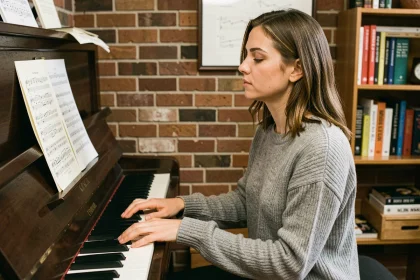 Femme concentrée jouant du piano à domicile pour développer son oreille musicale