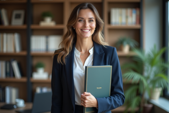 Femme professionnelle souriante avec certificat en bureau moderne