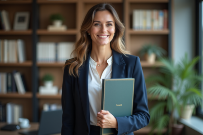 Femme professionnelle souriante avec certificat en bureau moderne