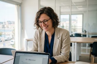 Femme souriante travaillant sur son ordinateur dans une salle moderne à Toulon