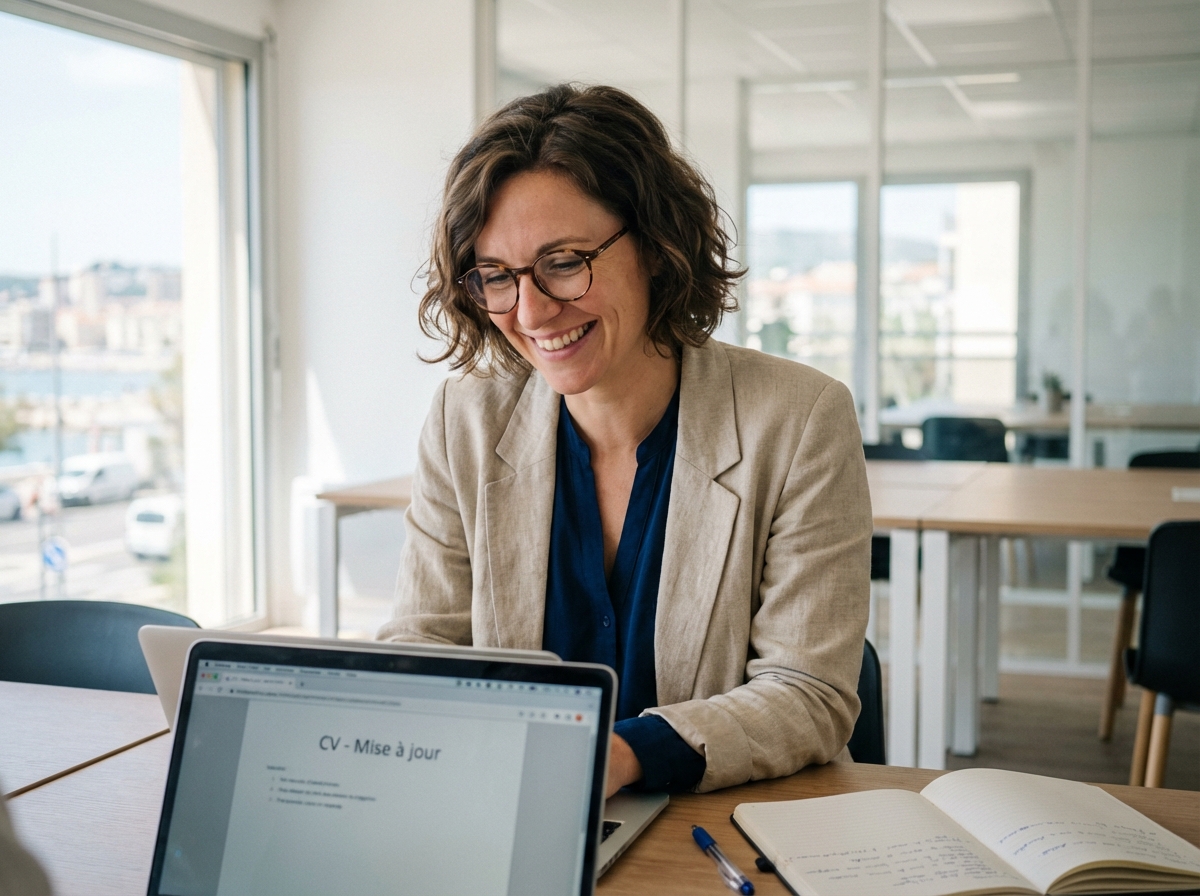 Femme souriante travaillant sur son ordinateur dans une salle moderne à Toulon