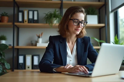 Femme professionnelle v&eacute;rifiant ses param&egrave;tres de s&eacute;curit&eacute; informatique
