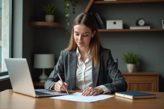 Femme signant un CV dans un bureau moderne