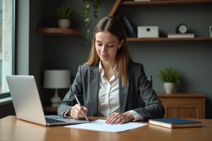 Femme signant un CV dans un bureau moderne