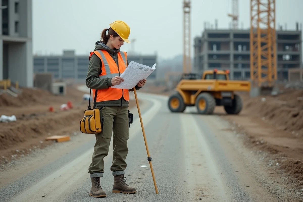Femme sur un chantier avec un niveau et carte de construction