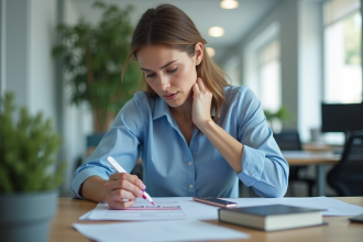 Femme en blouse bleue utilisant un test de diagnostic au bureau