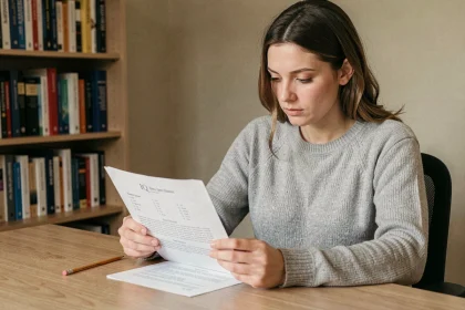 Femme concentrée répondant à un test de QI imprimé dans un bureau à domicile, entourée de livres de psychologie