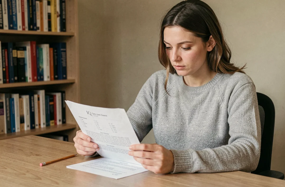 Femme concentrée répondant à un test de QI imprimé dans un bureau à domicile, entourée de livres de psychologie