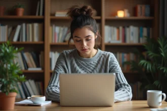 Femme concentrée passant un test de QI en ligne sur son ordinateur portable dans un bureau à domicile