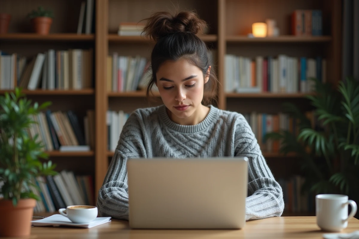 Femme concentrée passant un test de QI en ligne sur son ordinateur portable dans un bureau à domicile