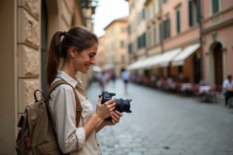 Jeune femme en voyage regardant ses photos avec un sourire naturel