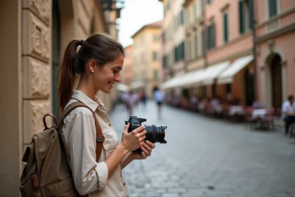 Jeune femme en voyage regardant ses photos avec un sourire naturel