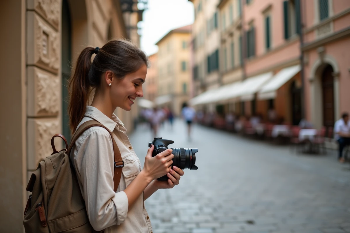 Jeune femme en voyage regardant ses photos avec un sourire naturel