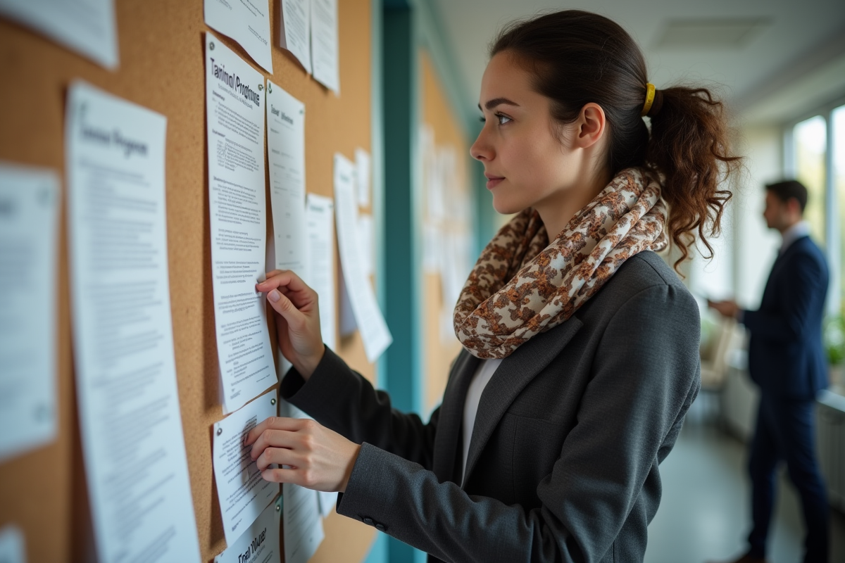 Jeune femme épinglant un document sur un tableau d