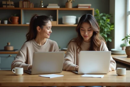 Deux jeunes femmes travaillent à une table de cuisine dans un appartement moderne
