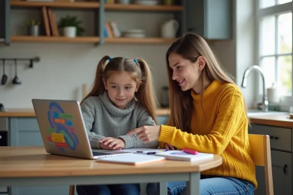 Fille adolescente et m&egrave;re regardant un ordinateur en cuisine