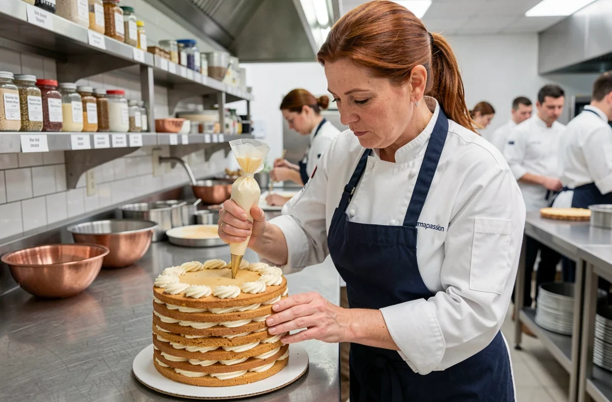 Formatrice pâtissière de Formapassion en action décorant un gâteau dans un atelier de formation culinaire professionnelle