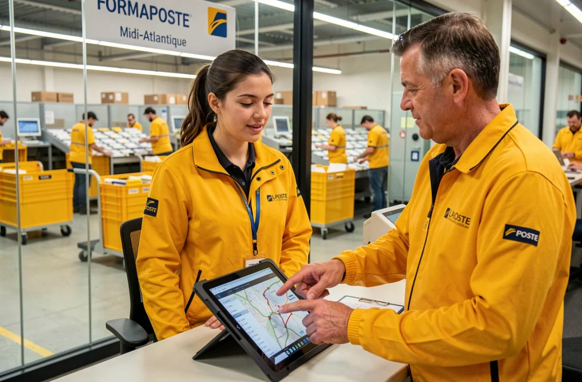 Stagiaire de Formaposte Midi-Atlantique en uniforme La Poste recevant des instructions de son superviseur dans un centre logistique