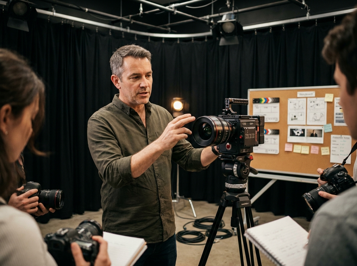 Formateur professionnel en cinéma expliquant le fonctionnement d'une caméra cinéma à des étudiants en école de formation audiovisuelle