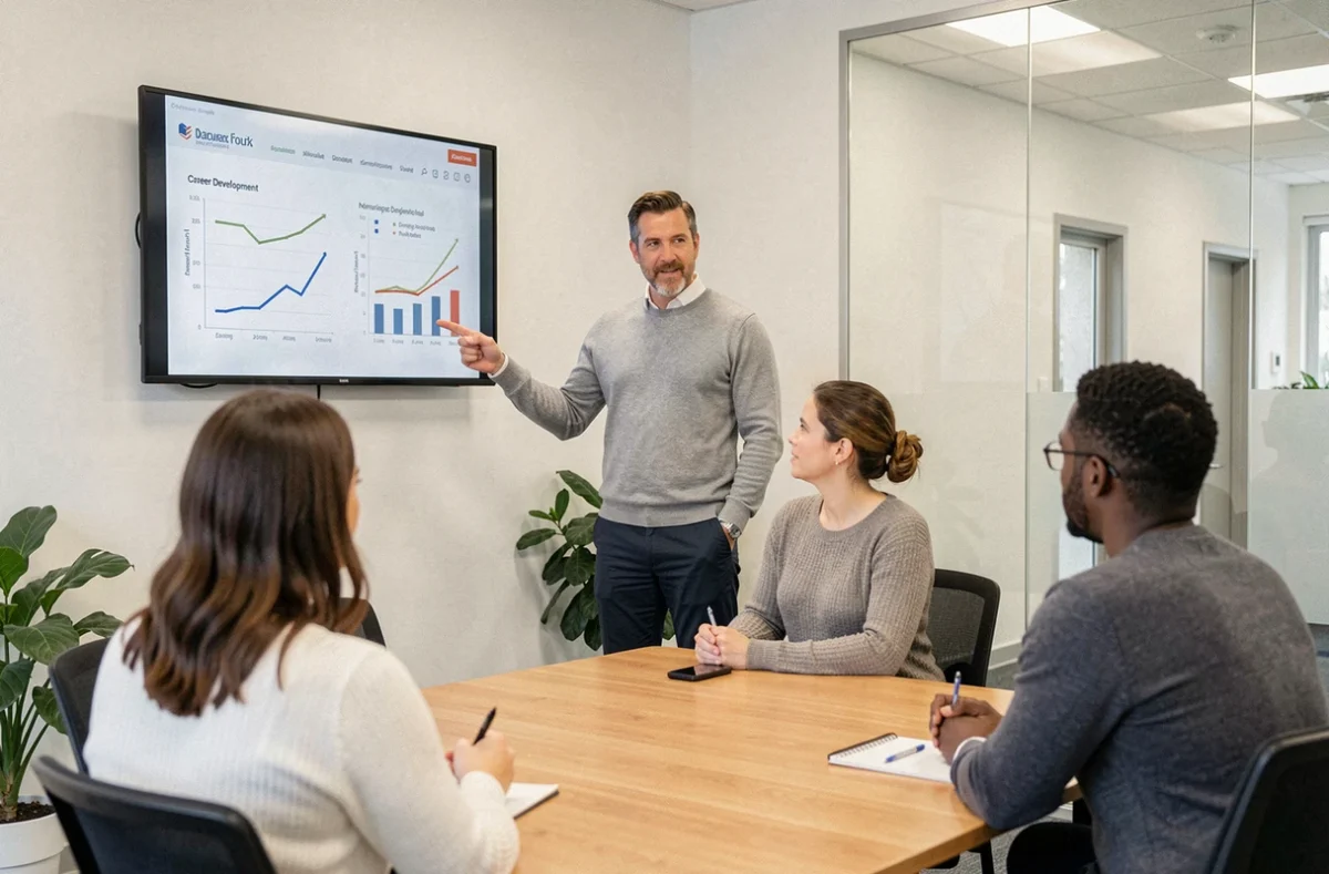 Un formateur du Cnam Saint-Nazaire présente des perspectives professionnelles à un groupe d'apprenants adultes en salle de formation