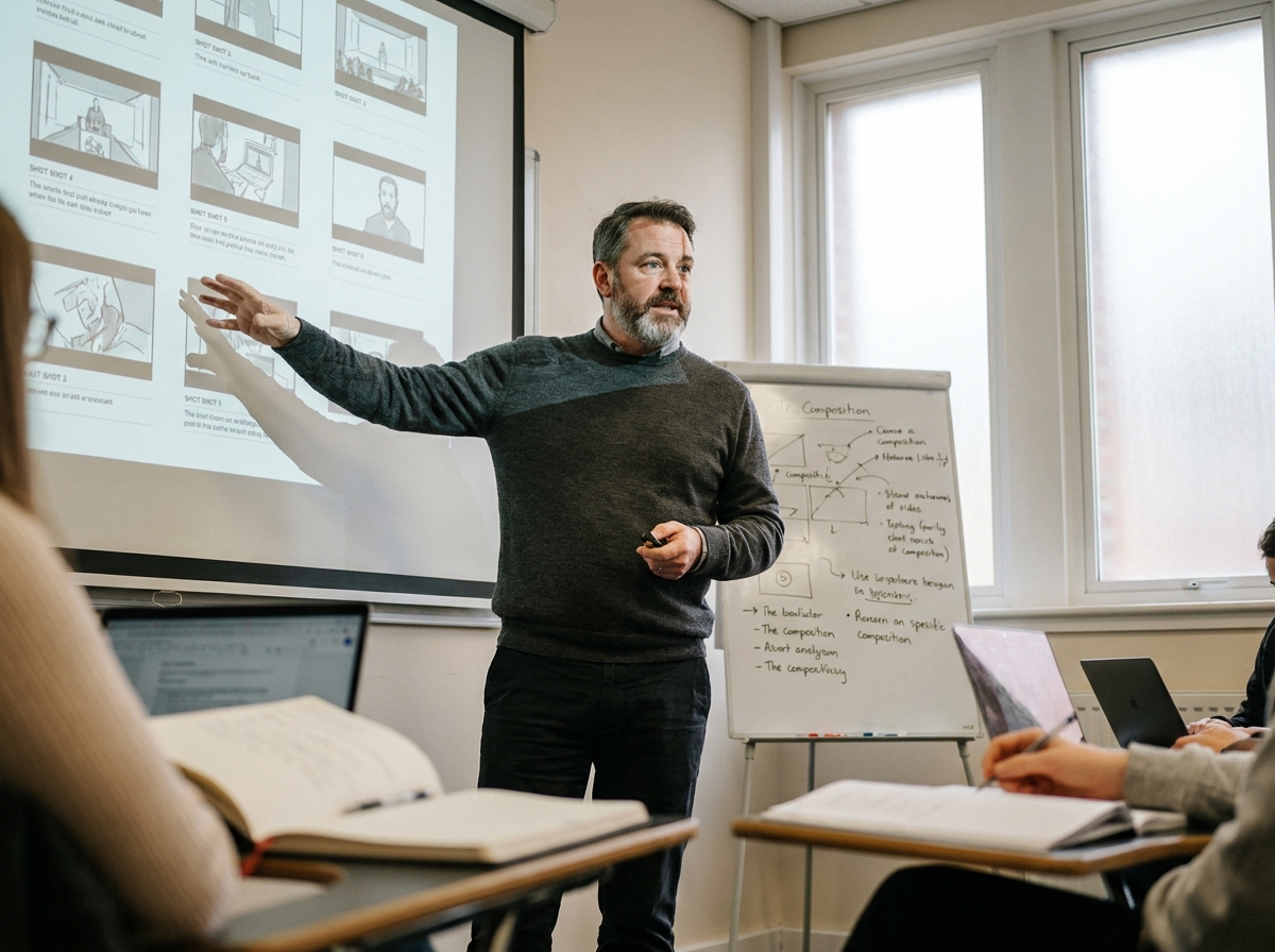 Formateur en cycle professionnel cinéma donnant un cours de story-board à des étudiants dans une salle de séminaire universitaire