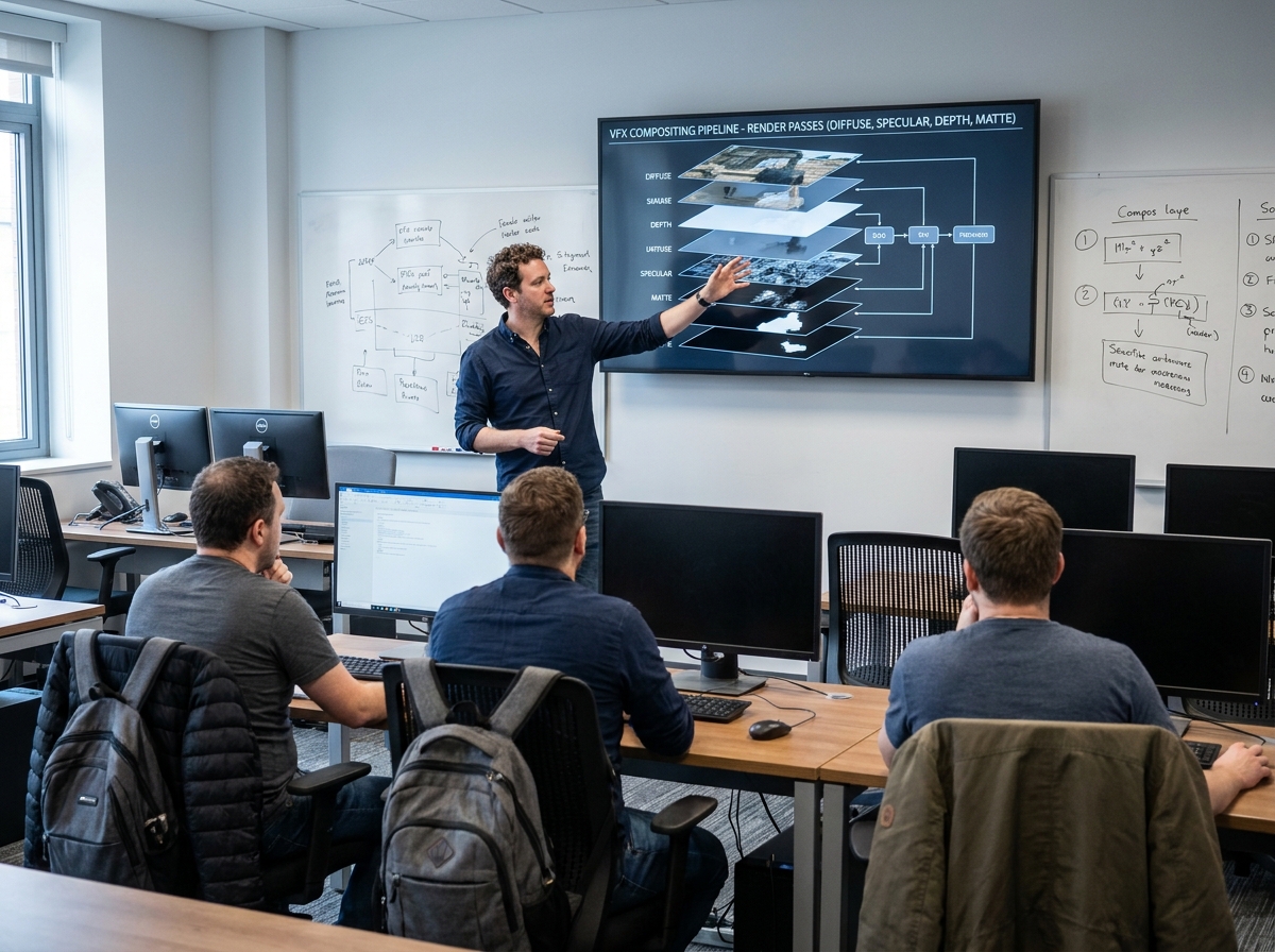 Formateur en VFX expliquant un pipeline de compositing à des étudiants dans une salle de cours spécialisée en effets visuels
