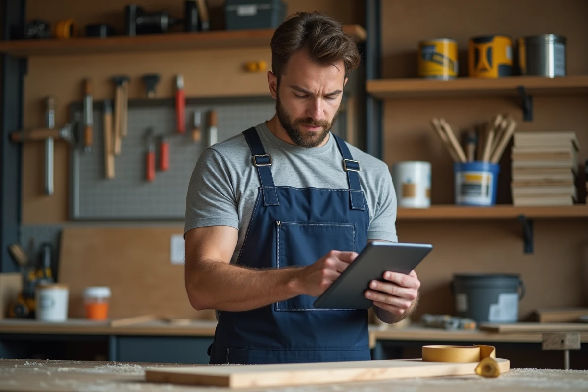 Homme en tablier de bricoleur consultant une formation CPF en ligne sur une tablette dans un atelier équipé