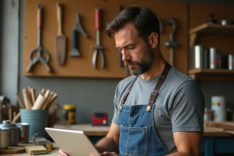 Homme bricoleur consultant une formation en ligne sur tablette dans un atelier bien équipé