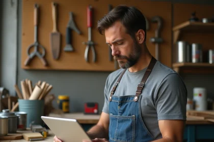 Homme bricoleur consultant une formation en ligne sur tablette dans un atelier bien équipé