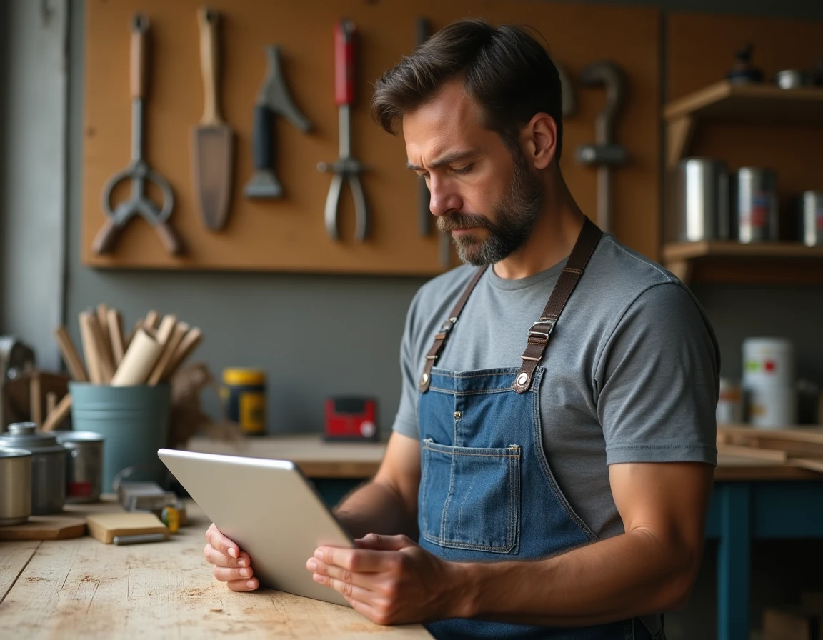 Homme bricoleur consultant une formation en ligne sur tablette dans un atelier bien équipé