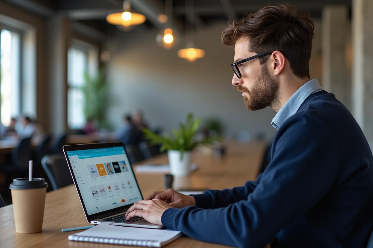 Homme en espace de coworking suivant une formation Canva gratuite pour développer son personal branding en ligne