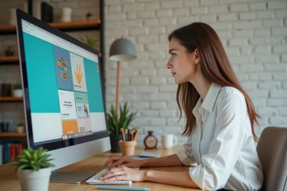 Femme utilisant Canva sur iMac pour créer des visuels de personal branding dans un bureau moderne et épuré