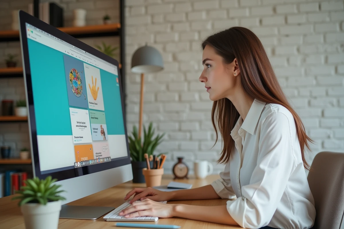 Femme utilisant Canva sur iMac pour créer des visuels de personal branding dans un bureau moderne et épuré