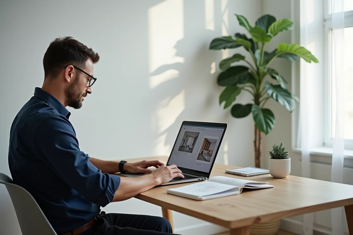 Homme adulte suivant une formation en ligne de décorateur d'intérieur depuis son bureau à domicile