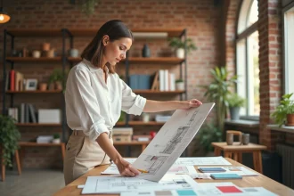 Décoratrice d'intérieur en formation travaillant sur un moodboard dans un atelier de design parisien