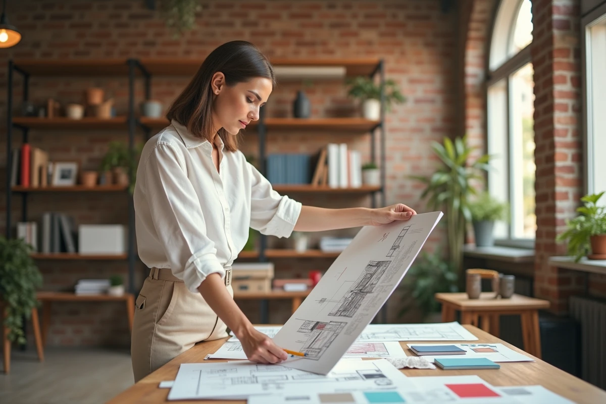 Décoratrice d'intérieur en formation travaillant sur un moodboard dans un atelier de design parisien