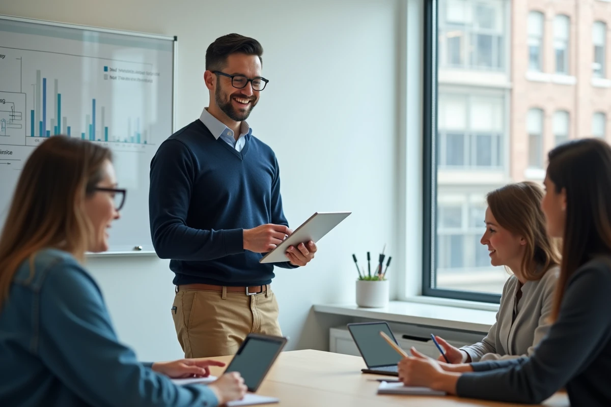 Formateur montrant un projet de design à un groupe d