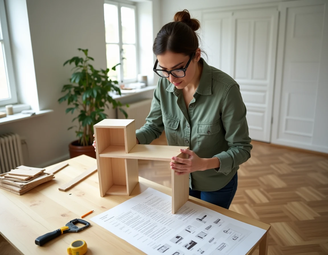 Femme assemblant une étagère en bois grâce à une formation bricolage DIY chez elle
