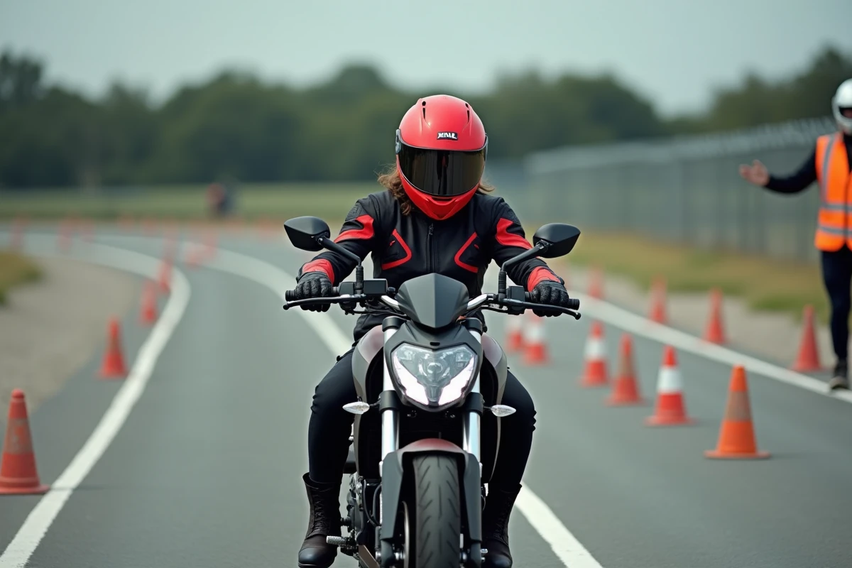 Jeune femme en formation permis moto A2 sur circuit d'entraînement avec un moniteur d'auto-école