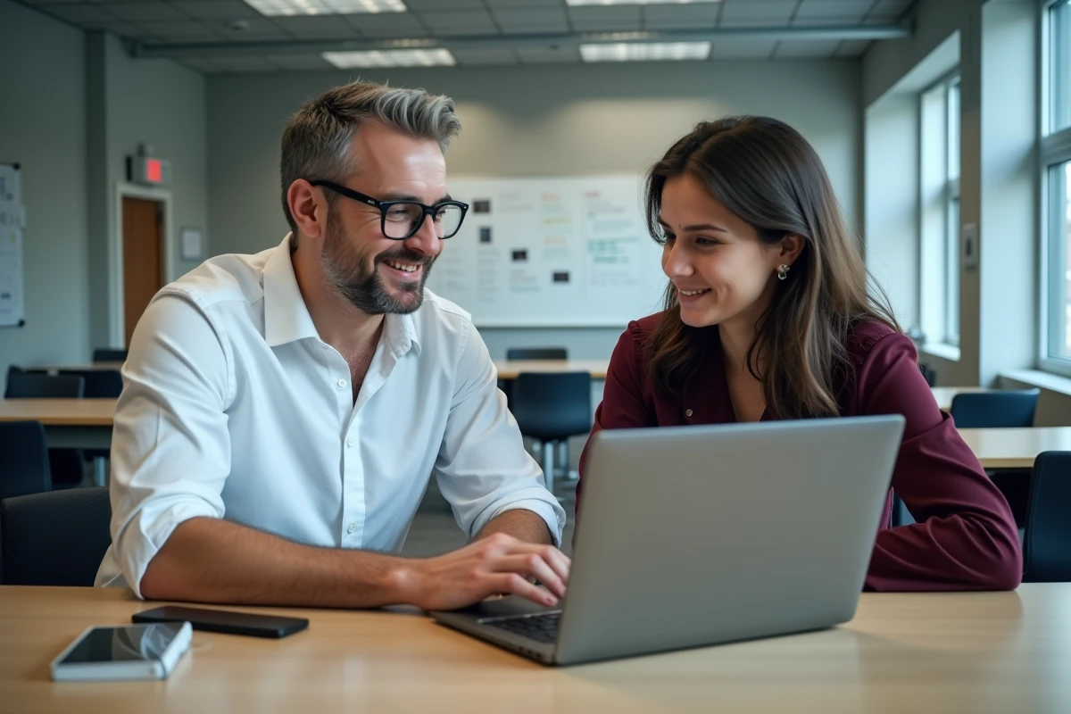 Deux adultes en formation professionnelle GRETA collaborant sur la plateforme e-learning Moodle dans un centre de formation