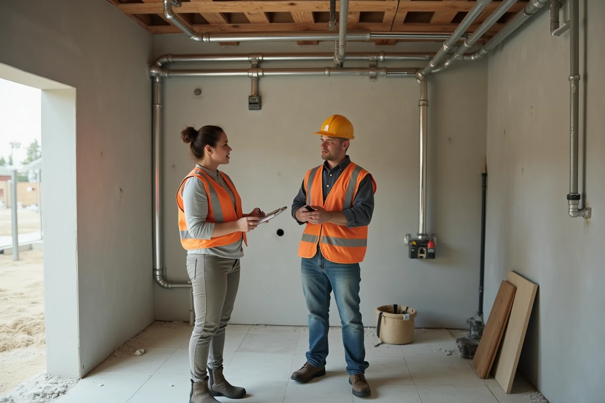 Femme en formation professionnelle dans le bâtiment prenant des notes lors d'une rénovation intérieure