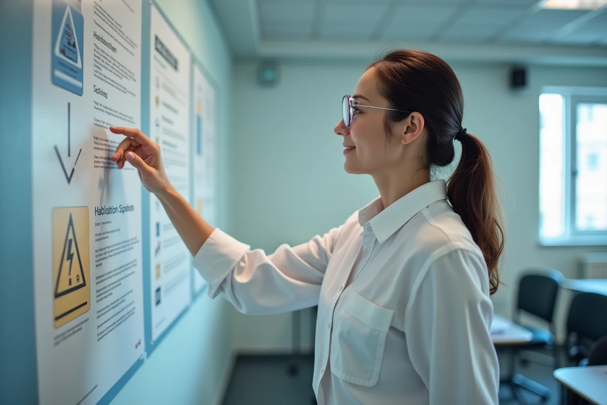 Formatrice en habilitation électrique expliquant les symboles Habilec 8 devant un poster de sécurité en salle de formation