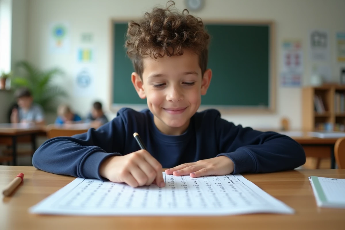 Gar&ccedil;on concentr&eacute; utilisant une grille de multiplication interactive Montessori avec des perles en bois dans une salle de classe