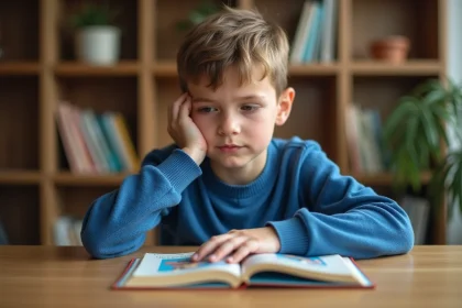 Jeune garçon concentré lisant un livre coloré à la maison