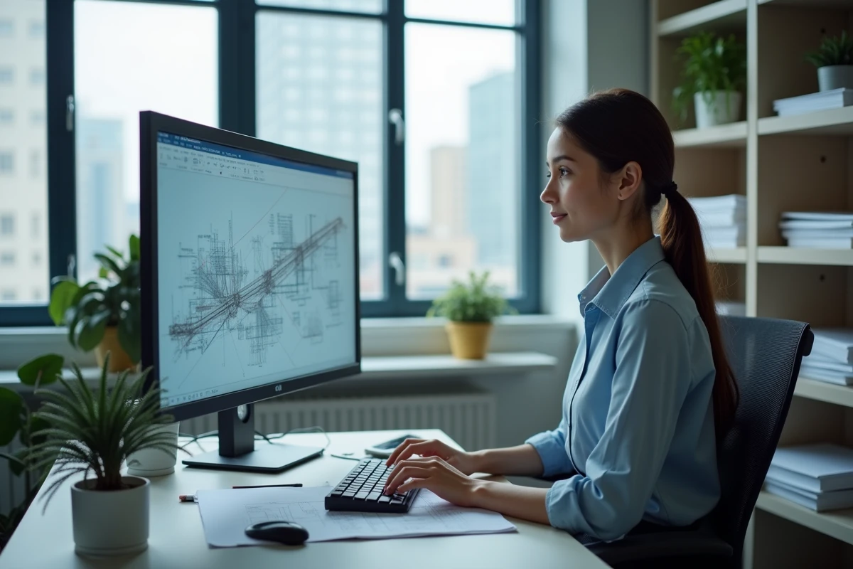 Jeune femme géomaticienne travaillant sur un bureau moderne