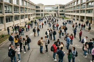 Grande cour de lycée bondée avec des centaines d'élèves pendant la récréation, illustrant la taille exceptionnelle du plus grand lycée de France