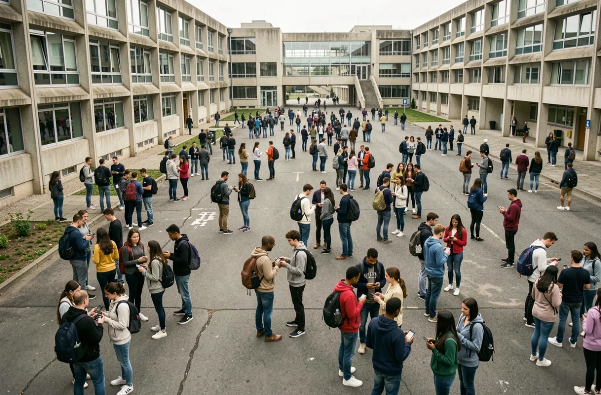 Grande cour de lycée bondée avec des centaines d'élèves pendant la récréation, illustrant la taille exceptionnelle du plus grand lycée de France