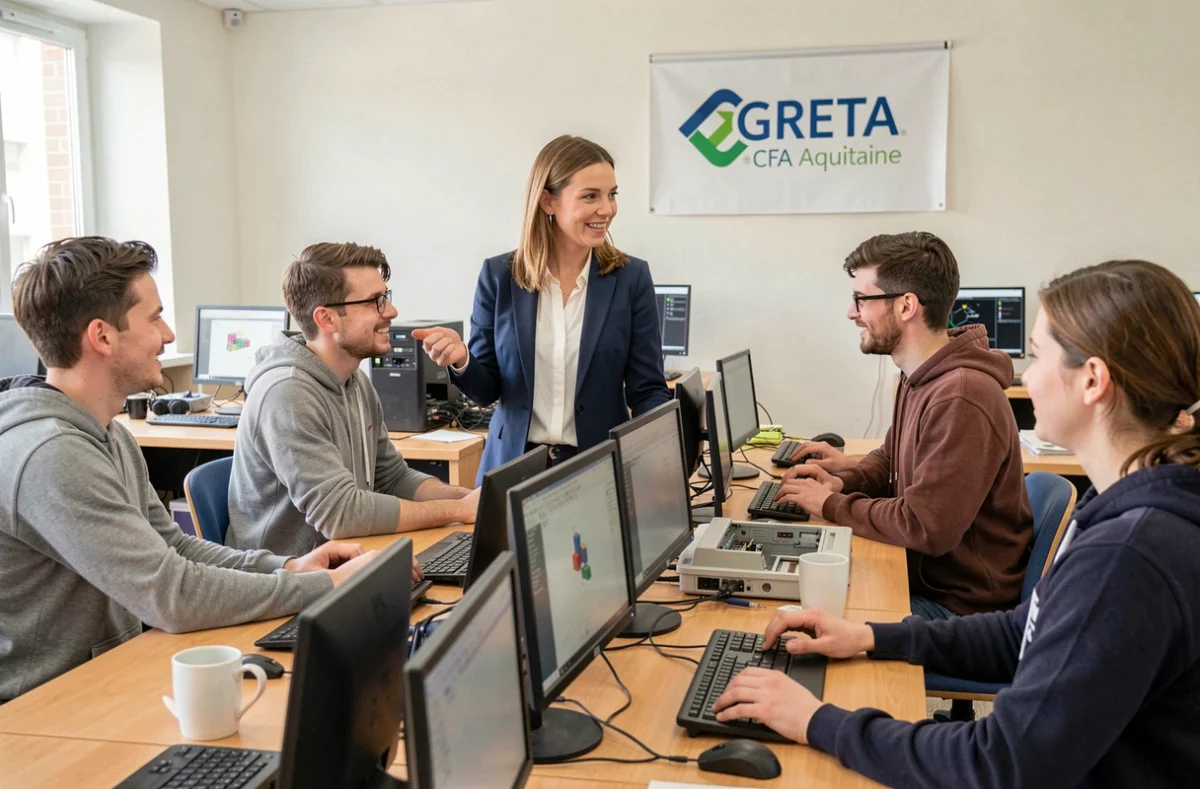 Instructrice du GRETA-CFA Aquitaine accompagnant des stagiaires lors d'un atelier informatique et technique