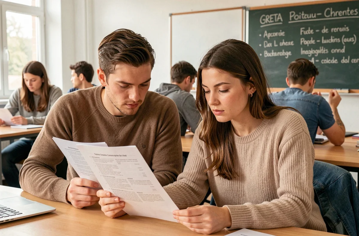 Deux stagiaires du GRETA Poitou-Charentes consultant un programme de formation ensemble dans une salle de cours